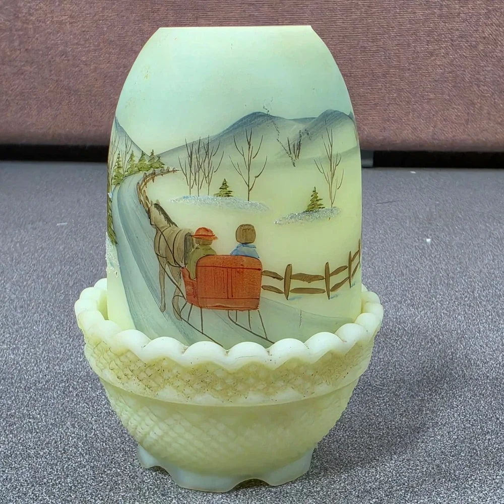 Fenton Fairy Lamp Burmese Uranium Glass Hand Painted Winter Sleigh RARE!